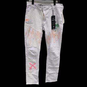 Reason Mens White 5 Pocket Graffiti Graphic Classic Denim Straight Jeans 34"x32